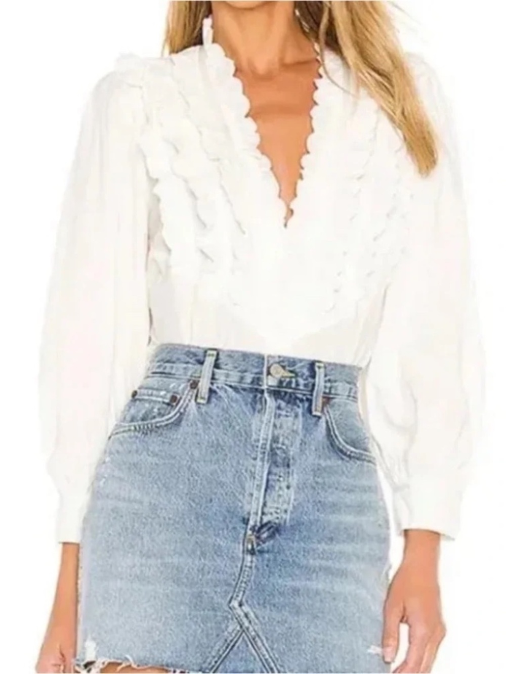 THE GREAT White Ruffled V Neck Cotton Blouse - Brand Size 2 (Medium)